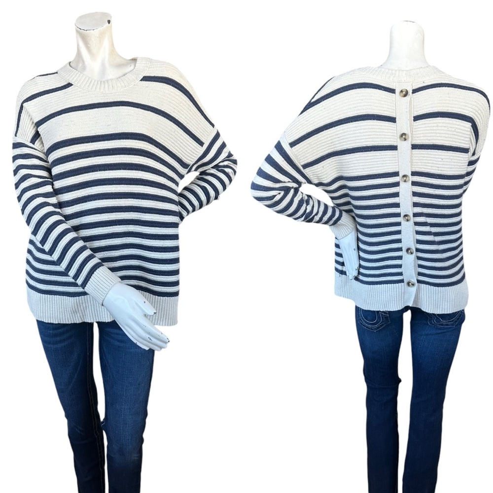 Madewell Cream & Navy Blue Striped Crewneck Sweater Button Back Detail Small